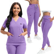 Pet Clinic Nurse Scrub Set - Matte Top with Large Pockets & Straight-Leg Drawstring Pants