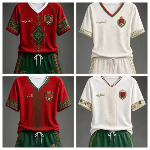 Red White Morocco 2026 Football Jersey Shorts Set Arabic Geometric Print Quick Dry Soccer Training K