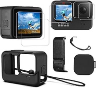 Hero 9 Silicone Sleeve Protective Case +【6PCS】Tempered Glass Screen Protector for Hero 10 Hero 9, Accessories Kit for GoPro Hero 10/Hero 9 Black 【Battery Side Cover +Lens Cap+ Lanyard】