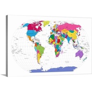 Colored Art map of The World Canvas Wall Art Print Map Artwork