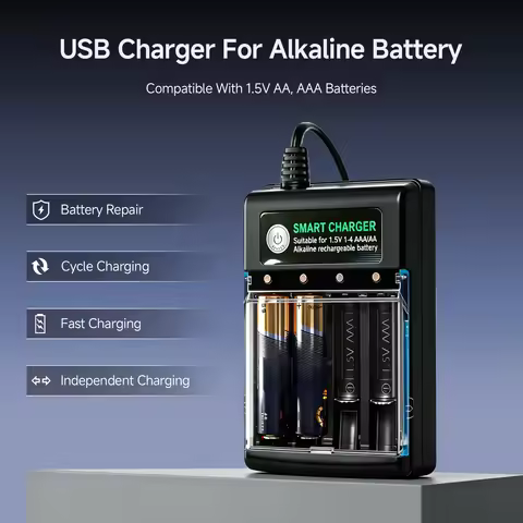 Smart Battery Charger for AA AAA 1.5V Rechargeable Alkaline Batteries, Independent Safe Charging, 4-