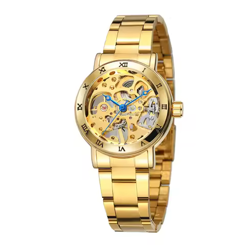 T-winner Blue Hand Roman Numeral Mechanical Watch Gold Hollow Steel Band Watch Round Alloy Ladies Wa