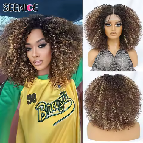 14Inch Jerry Curl Synthetic Lace Front Wig for Women Glueless Natural Black Copper Afro Kinky Curly 