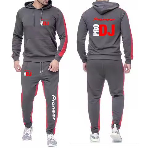 2025 DJ Pioneer PRO Print Men's New Solid Color Leisure Set Drawstring Hoodies+Sweatpant Sports Comf