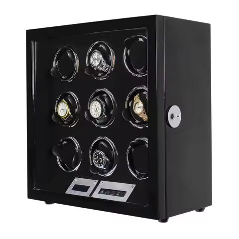 Custom Oem Odm Luxury Wooden Remote Control Lcd Screen Touch Watch Winder Box Fingerprint Lock 9 Slo