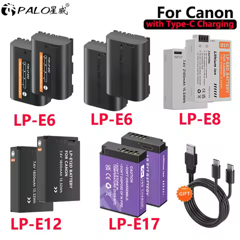 2PCS LP-E6 LP-E8 LP-E10 LP-E12 LP-E17 Battery with Type-C Charging for Canon Series LP E6 LP E8 LP E