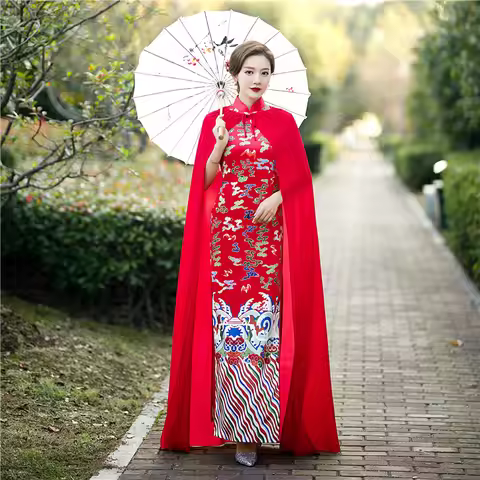 Novelty Clothes New Women Qipao With Cloak High Fork Retro Mandarin Collar Traditional Cheongsam Chi