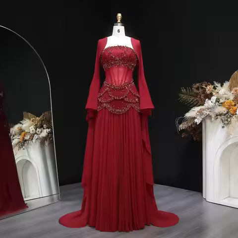Sharon Said Elegant Wine Red and Yellow with Lining Chiffon Evening Dress with Jacket Flare Sleeves 