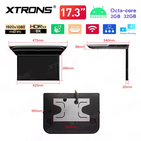 XTRONS 2+32GB 17.3" Car Roof Monitor Android Car TV IPS Wide Screen 1080P Digital Video Ultra-thin M