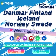 Denmar, Finland, Iceland, Norway, Swede eSIM Unlimited 5G Data | Instant Email Delivery |北欧五国| Yoni