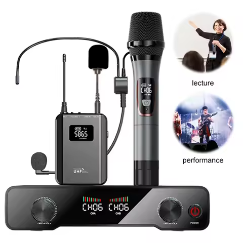 Wireless Handhled Microphone System with Headset/Lapel Mics Wireless Mic Set UHF Cordless Mic Set fo