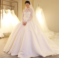 Gaun Wedding Dress Long Sleeves Wedding Ball Gown Lace Satin Bridal Dress Ball Gown
