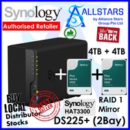 (Synology HAT3300 4TB+4TB) Synology DS225+ 2 Bay NAS (replace DS224+) (Intel Celeron Quad Core 2GB e