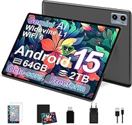 Android 15 Tablet with 64GB RAM + 2TB TF, 10.1 Inch Screen, Octa-Core, Gemin AI, WiFi 6, Bluetooth 5