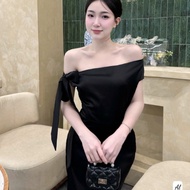 Luxurious wedding dress, beautiful long silk dress with shoulder bow tie C315(Z4)