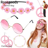 ROSEGOODS Women's Hippie Costume Set, 60's 70s Style Boho Peace Sign Hippie Costume Accessories Set, 6 Pcs Sunflower Crown Hair Band for Groovy Party Girls