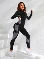 Yoga Futuristic 2入組撞色競技套裝套裝拉鏈開襟運動夾克和嵌入網紗緊身打底褲