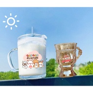 Tonton lolita glass cup with handle and straw lid 140ml 400ml C29U27 cute cartoon amber color