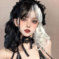 美宿假发女短发卷发万圣节黑白魔女库伊拉阴阳发Cos假发套全头套26/7/30 Meisu Wig for Women, Short Curly Hair, Halloween Black and Wh