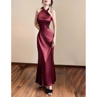 AIME STUDIO Party Dress with Camisole Collar and Fishtail Long Elegant Emulsion Silk Old Money Style