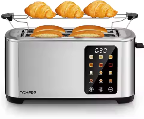 4 Slice Toaster Touch Screen Control, Long Extra Wide Slots Smart Bread Toaster, 6 Bread Types & 6 S