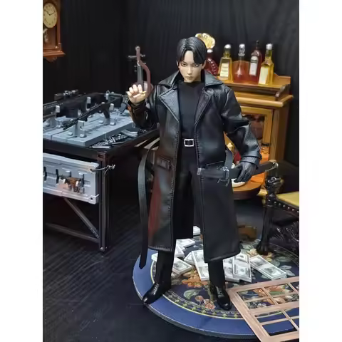 1/12 Scale Male Soldier Black Trend Mid-length Leather Trench Coat Clothes Accessories for 6" Action