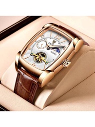 男士手錶奢華款,方形自動機械錶,時尚正品皮革防水陀飛輪機械錶