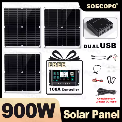 SOECOPO 900W Portable Solar Panel Kit 3 Solar Panels with Free 100A Controller Dual USB 5V Camping E