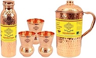 Indian Art Villa Pure Copper Hammered Set of 1 Jug Pitcher 1500 ML with 1 Leak Proof Joint Free Bottle 550 ML &amp; 3 Mathat Glass 375 ML Each - Storage Water Serveware Good Health Benefit Yoga Ayurveda