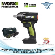 WORX 20V WU279 Cordless 1/2 Impact Wrench 320NM BRUSHLESS (1B1C)