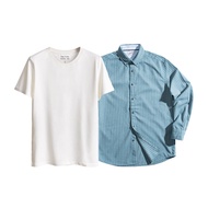 IBUY American Retro Brushed Striped Shirt+Short Sleeve Combination