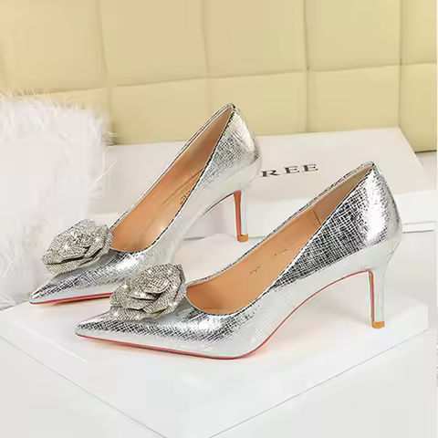 BIGTREE Spring Autumn Flower CRYSTAL Women Pumps Elegant Party Thin Heels Pointed Toe Shoes Zapatos 
