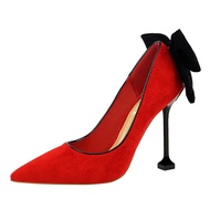 IELGY  Suede Salto Shoes Alto Sexy Thin 9.5 Centimeters Thin With Rasa Mouth Pointed Wedge Bow