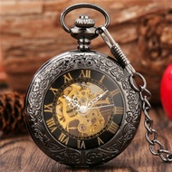Antique Black Roman Numbers Skeleton Pocket Watch Mechanical Hand Winding Clock Gift