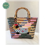 Vintage Braided Woven Tote Handbag Rattan Hand Carry Picnic Bag Dachshund Dog, Nylon Rope Hanging Pe