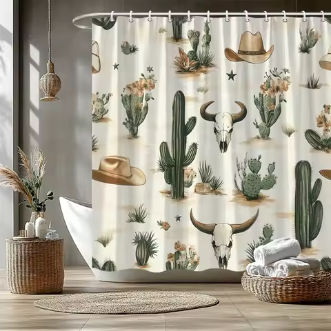 1pc Western Desert Shower Curtain with Cacti, Succulents, Bull Skull & Cowboy Hats - Earthy Tones, W