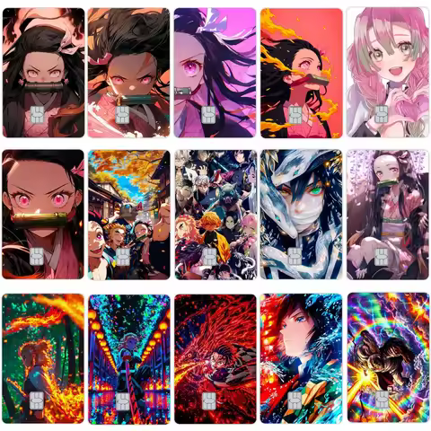 Laser Anime Credit Card Pvc Stickers Decal Kamado Nezuko Hashibira Inosuke Cartoon Skin Film Tape fo