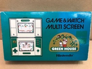 （絕版遊戲機 咭片機系列）全新罕有 80年代 日本製 懷舊絕版 Nintendo 任天堂 game and watch 系列 任天堂 Color Screen 咭片機 遊戲機 系列 Super Mario Bros 孖寶兄弟 經典 噴殺蟲水 Green House 雙面機 豪華盒裝 全套（內藏遊戲、報時及響鬧功能）