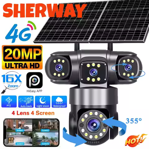 10K 4G Solar Security IP Camera Outdoor 4 Lens 4 Screen 16X Zoom PIR Human Detection 360° PTZ Camera