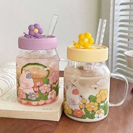 800ml glass cup with handle and silicone lid and cute rabbit pattern glass straw