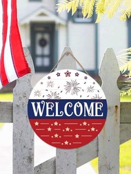 1入組美國國慶節歡迎用木質招牌,適用於掛在牆上裝飾、日農舍圓形木質門牌,適用於家居裝飾。