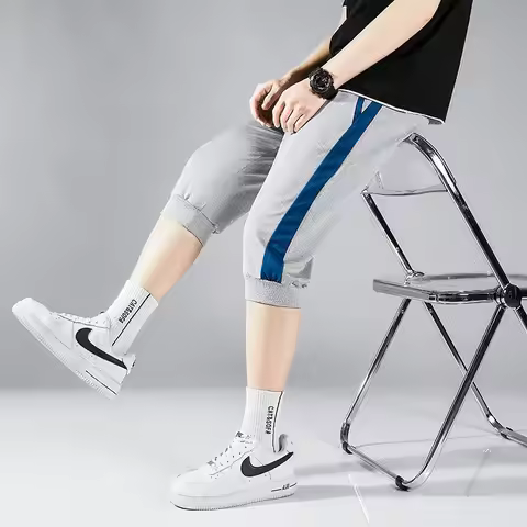 Summer Pants for Men 7-point Shorts Casual Loose Versatile Men Stretch Sports Tying Feet Cropped Pan