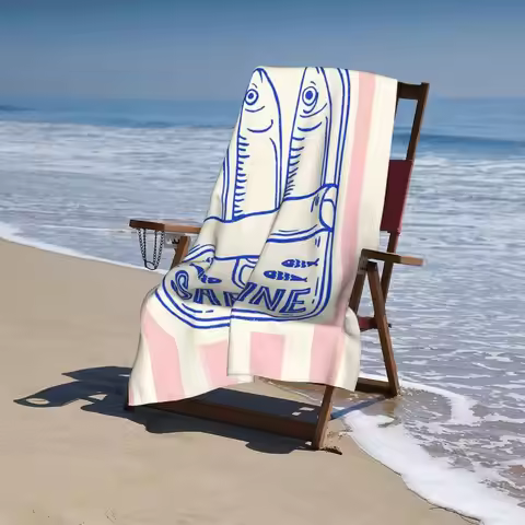 Sardine-Themed Microfiber Beach Towel - Lightweight Quick-Dry with Pink Stripes & Sardine Illustrati