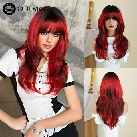 7JHH WIGS Long Straight Black Ombre Red Wig for Women High Density Synthetic Layered Modest Fashion 