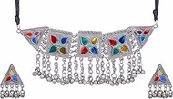 Indian Afghani Ethnic Fashion Handmade Tribal Gypsy Silver Oxidized Ghungroo Tassel Chain Thread Choker Necklace Jewelry, 10 inch, German Silver