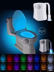 1入組8色變換馬桶燈，電池供電人體感應夜燈，LED浴室防水背光燈，適用於馬桶