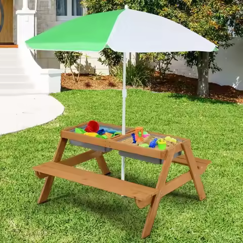 Kids Picnic Table, 4 in 1 Sand and Water Table w Detachable Tabletop, 2 Removable Play Boxes, Foldab