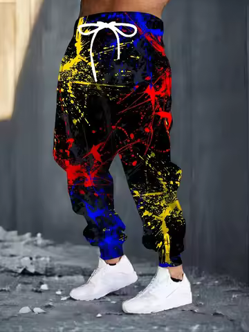 Men's 3D Color Splashed Ink Printed Sports Pants - Fashionable Drawstring Pants, Casual and Comforta