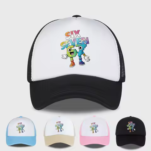 Six Seven Cartoon Number Print Sponge Mesh Cap – Unisex Colorful Building Block Mesh Baseball Cap – 
