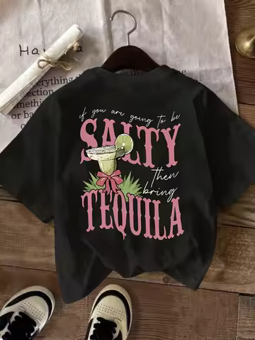 SALTY TEQUILA Lemon Beverage Pattern Printed Large T-shirt Short Sleeve Women's Large Fashion Summer